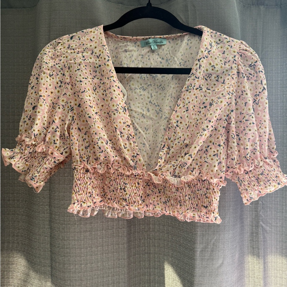 Mint Vanilla Pink Flutter Sleeve Crop Blouse with Ruffled Tie Front with  skirt